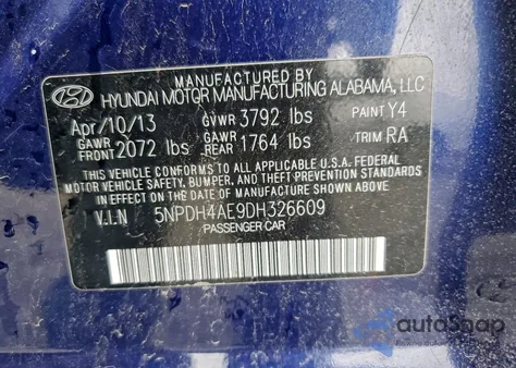 2013 Hyundai Elantra Gls z USA, uszkodzony, nr VIN 5NPDH4AE9DH326609